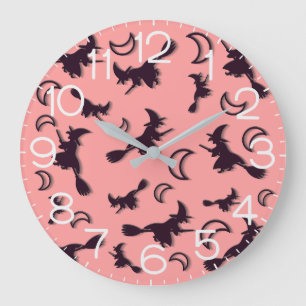 Flying witch among half moon at Halloween night 3D Large Clock