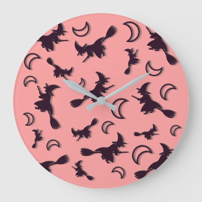 Flying witch among half moon at Halloween night 3D Large Clock (Front)