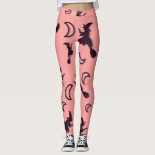 Flying witch among half moon at Halloween night 3D Leggings