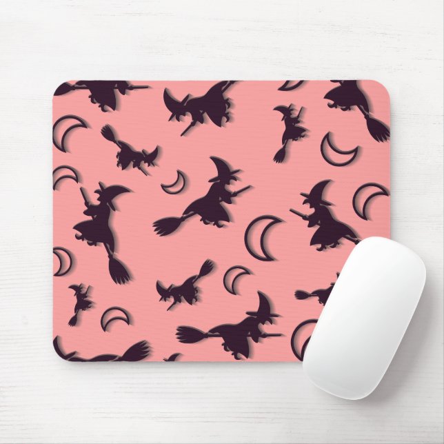 Flying witch among half moon at Halloween night 3D Mouse Mat (With Mouse)