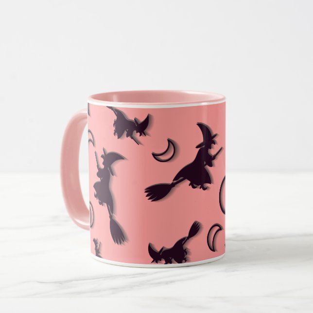 Flying witch among half moon at Halloween night 3D Mug (Front Left)
