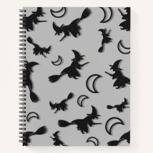 Flying witch among half moon at Halloween night 3D Notebook