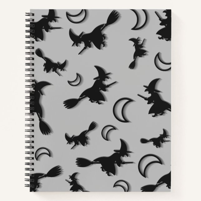 Flying witch among half moon at Halloween night 3D Notebook (Front)