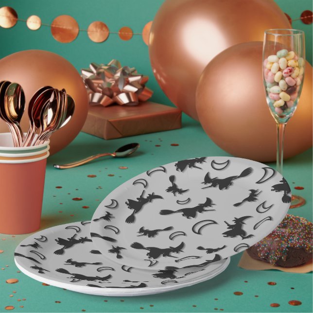 Flying witch among half moon at Halloween night 3D Paper Plate (Multi)