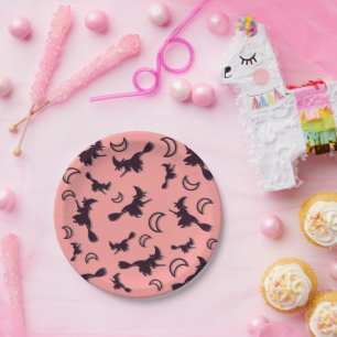 Flying witch among half moon at Halloween night 3D Paper Plate