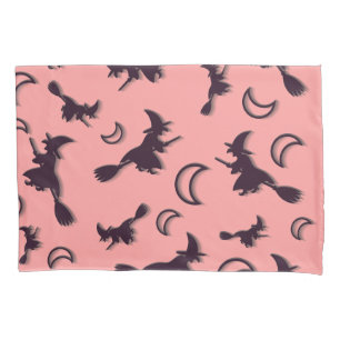 Flying witch among half moon at Halloween night 3D Pillowcase