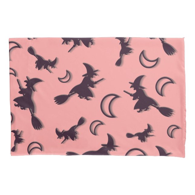 Flying witch among half moon at Halloween night 3D Pillowcase (Front)