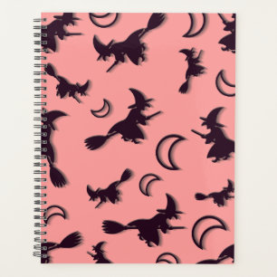 Flying witch among half moon at Halloween night 3D Planner