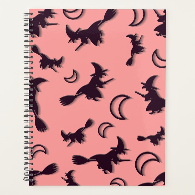 Flying witch among half moon at Halloween night 3D Planner (Front)