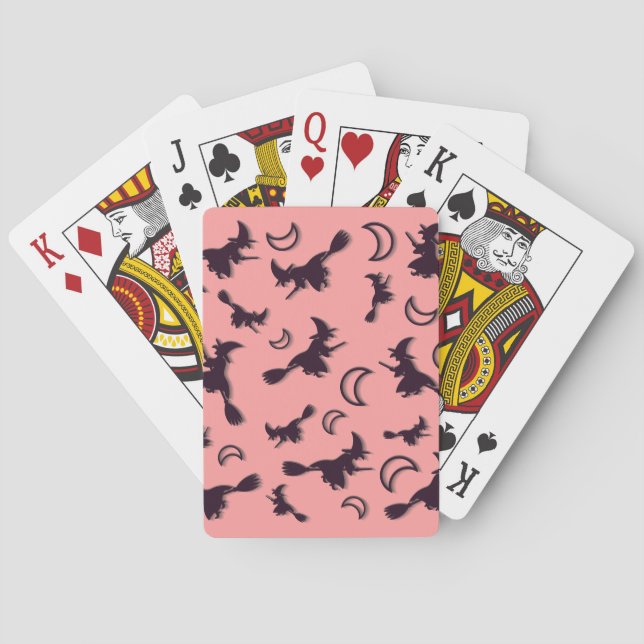 Flying witch among half moon at Halloween night 3D Playing Cards (Back)