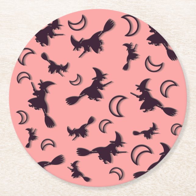 Flying witch among half moon at Halloween night 3D Round Paper Coaster (Front)