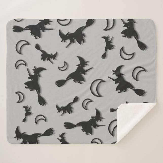 Flying witch among half moon at Halloween night 3D Sherpa Blanket (Front (Horizontal))