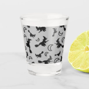 Flying witch among half moon at Halloween night 3D Shot Glass