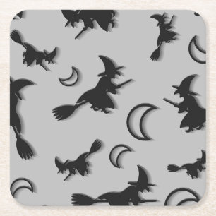 Flying witch among half moon at Halloween night 3D Square Paper Coaster