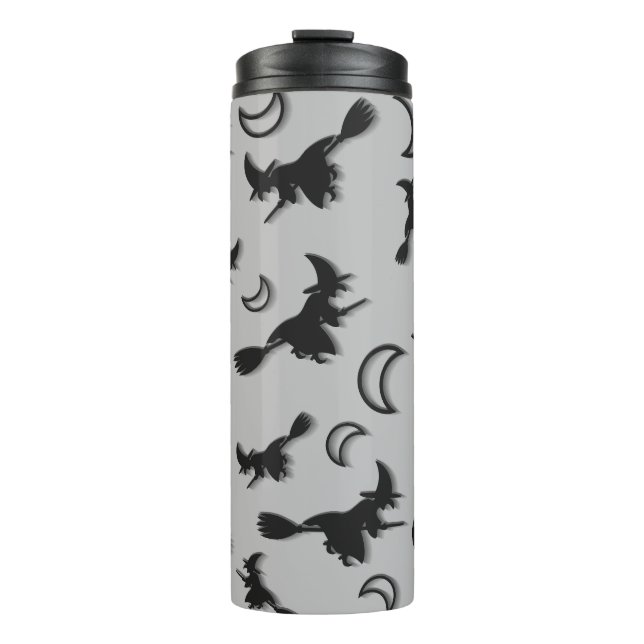 Flying witch among half moon at Halloween night 3D Thermal Tumbler (Front)