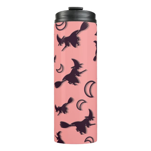 Flying witch among half moon at Halloween night 3D Thermal Tumbler (Front)