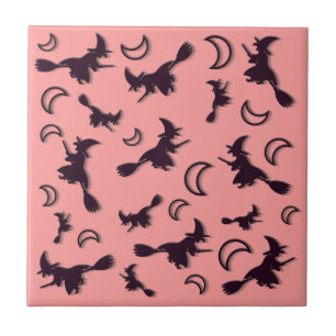 Flying witch among half moon at Halloween night 3D Tile