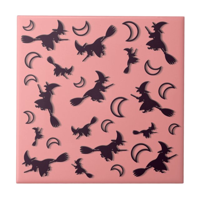 Flying witch among half moon at Halloween night 3D Tile (Front)