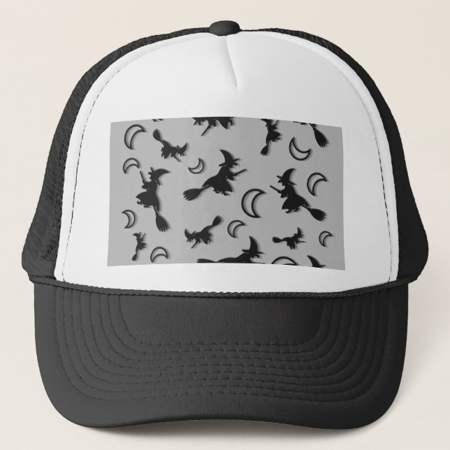 Flying witch among half moon at Halloween night 3D Trucker Hat (Front)