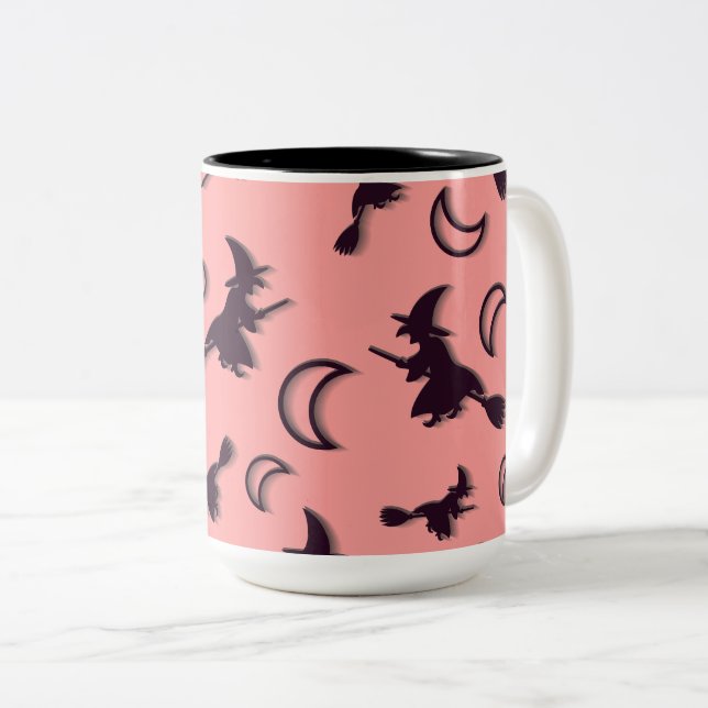 Flying witch among half moon at Halloween night 3D Two-Tone Coffee Mug (Front Right)