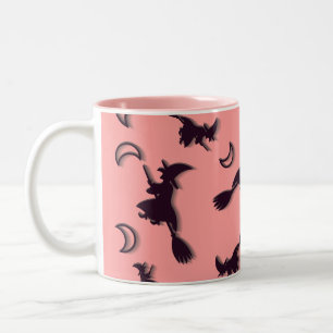 Flying witch among half moon at Halloween night 3D Two-Tone Coffee Mug