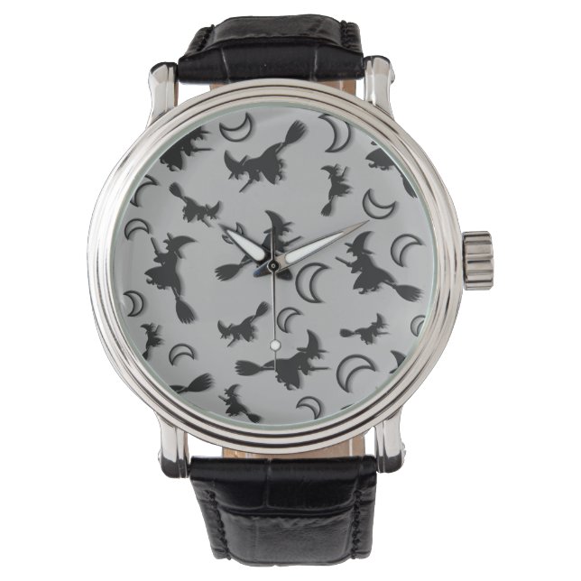 Flying witch among half moon at Halloween night 3D Watch (Front)