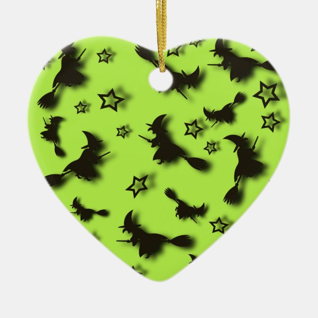 Flying witch among stars at Halloween night 3D  Ceramic Tree Decoration (Front)