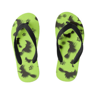 Flying witch among stars at Halloween night  3D  Kid's Flip Flops
