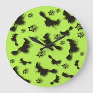 Flying witch among stars at Halloween night 3D  Large Clock
