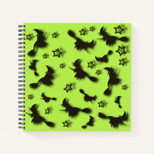 Flying witch among stars at Halloween night 3D Notebook