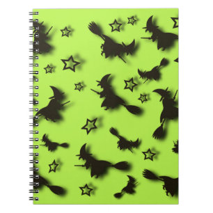 Flying witch among stars at Halloween night 3D Notebook
