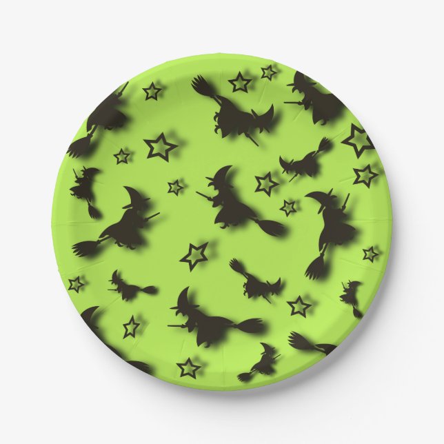 Flying witch among stars at Halloween night 3D  Paper Plate (Front)