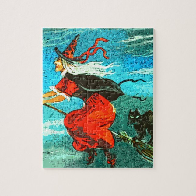 Flying Witch and Black Cat Halloween Jigsaw Puzzle (Vertical)