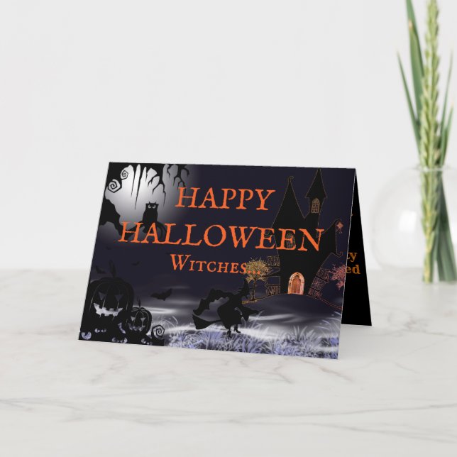 Flying Witch and Castle Happy Halloween Card  (Front)