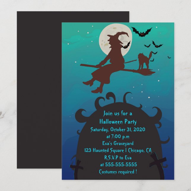 Flying Witch and Cat Halloween Party invitation (Front/Back)