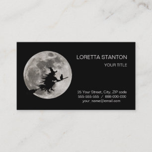 Flying witch at bright moon background business card