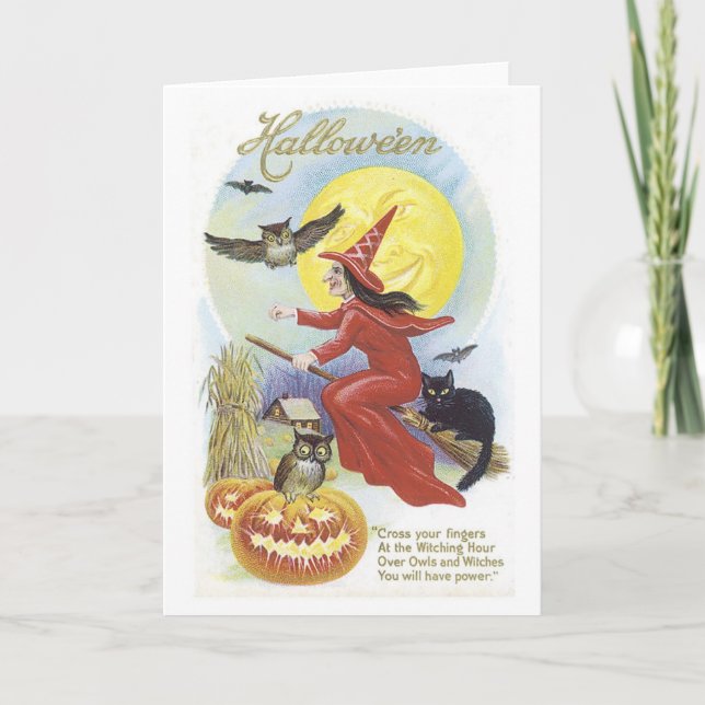 Flying Witch, Bats, Cat, Owl Moon Card (Front)