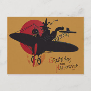 Flying Witch Black Cat Aeroplane Full Moon Postcard