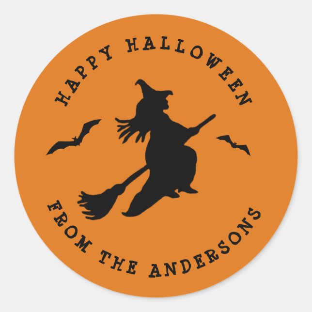  Flying witch Black & Orange Halloween  Classic Round Sticker (Front)