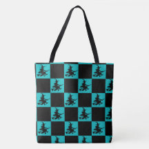 Flying Witch Black & Teal Chequered Tote Bag
