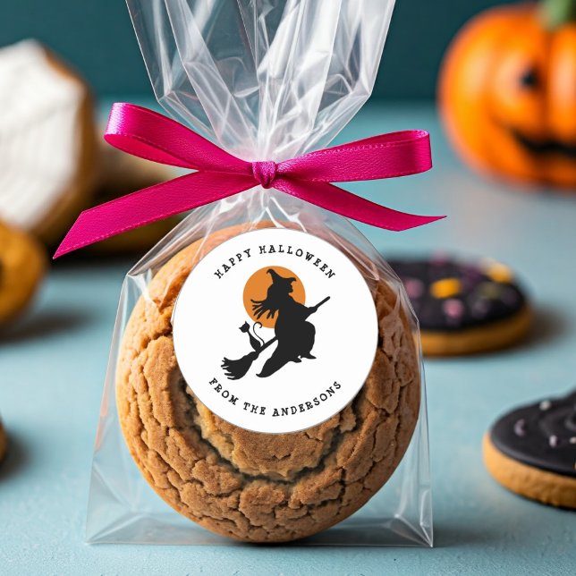  Flying witch & Cat Black & White Halloween  Classic Round Sticker (Creator Uploaded)