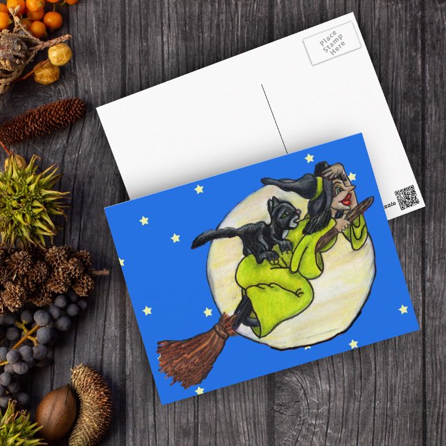 Flying Witch Cat Moon Stars Postcard (Fun witch black cat flying on broom past moon stars on Halloween postcard.)