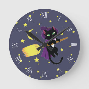 Flying Witch Cat Roman Numerals Round Clock