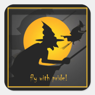 Flying Witch Fly With Pride Funny Halloween Square Sticker