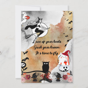 Flying Witch Full Moon Black Cats Spooky Halloween Holiday Card