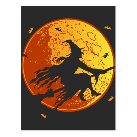 Flying Witch Halloween Bat Full Moon Postcard | Zazzle.co.uk