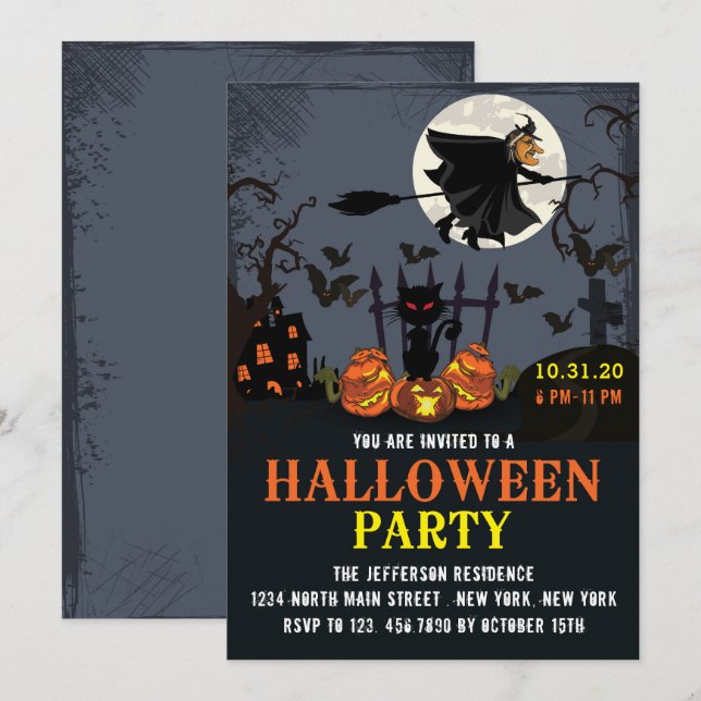 Flying Witch Halloween Party Invitation (Front/Back)