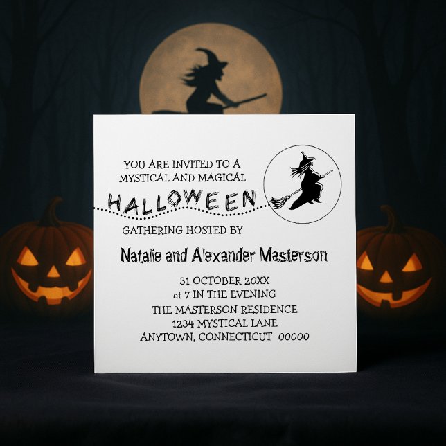 Flying Witch Halloween Party Invite, White Invitation (White Flying Witch Halloween Party Invite)
