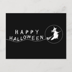 Flying Witch Halloween Postcard, Black and White Postcard