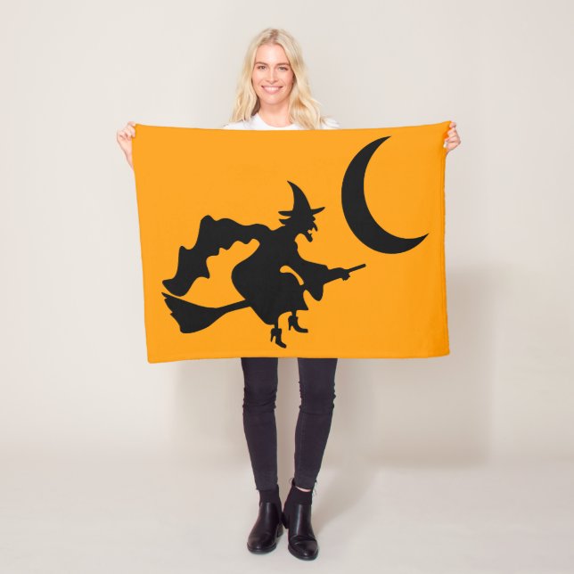 Flying Witch Halloween Silhouette Fleece Blanket (In Situ)